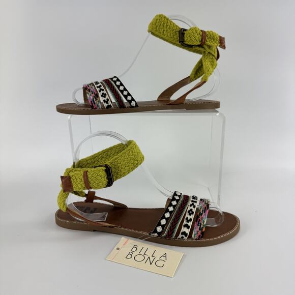 New Billabong Shoreline Trips Multi decor Straps Flat Sandals Ankle Wrap 9 READ! - Picture 1 of 8